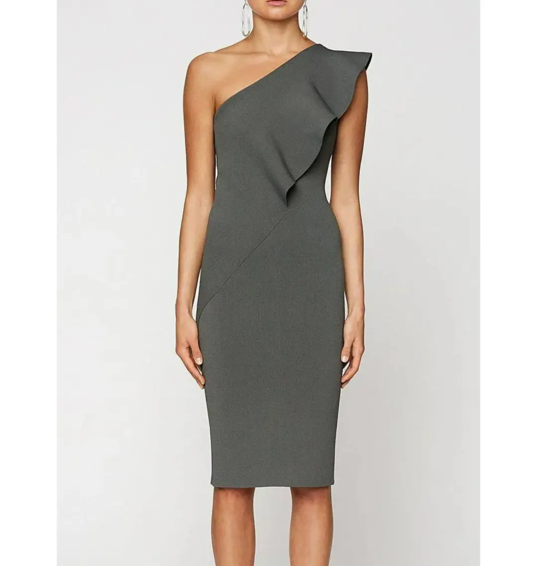 Scanlan Theodore Crepe Knit One Shoulder Ruffle Midi Dress Khaki Size XS / AU 6 for rent on The Volte - main image