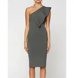 Scanlan Theodore Crepe Knit One Shoulder Ruffle Midi Dress Khaki Size XS / AU 6 for rent on The Volte - image 2