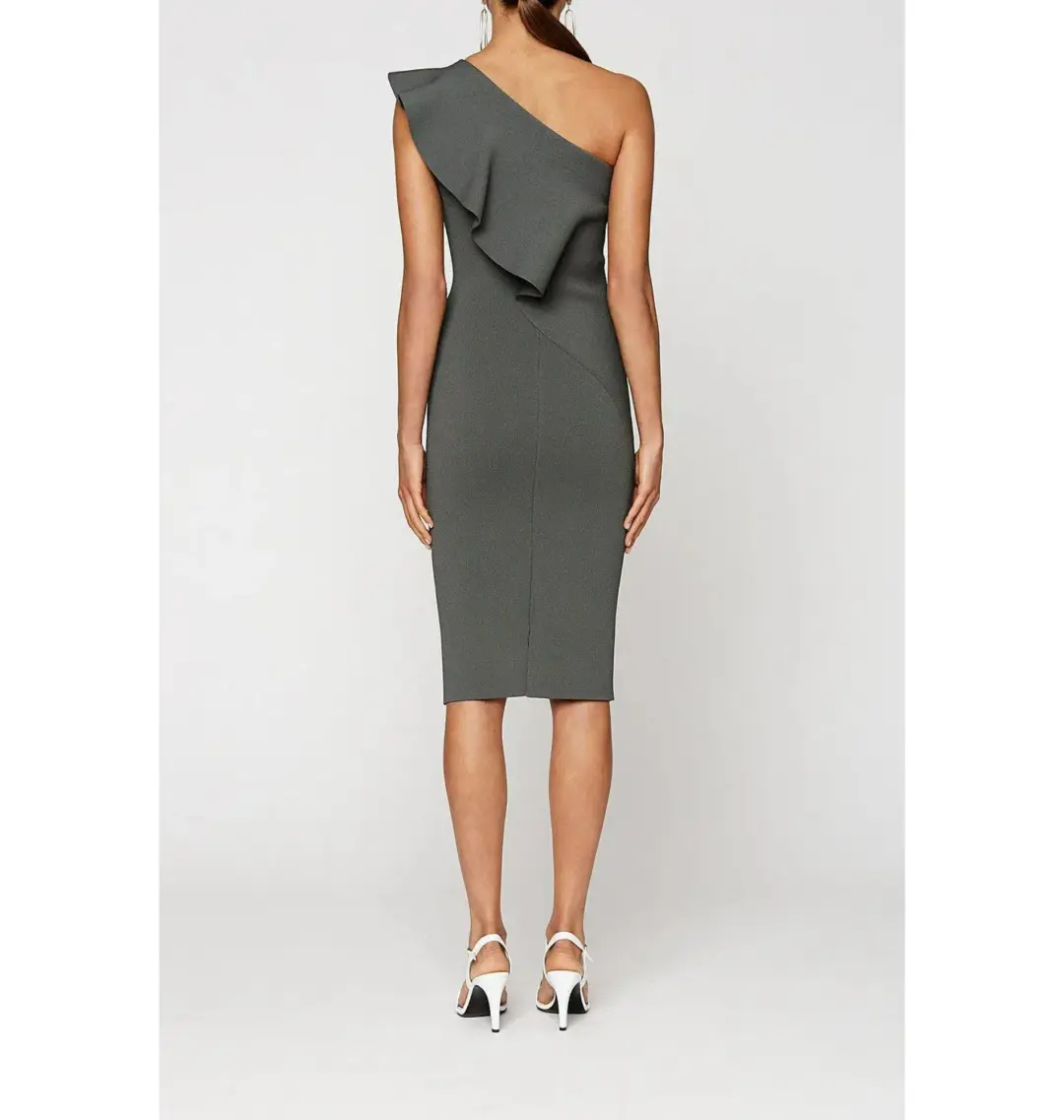 Scanlan Theodore Crepe Knit One Shoulder Ruffle Midi Dress Khaki Size XS / AU 6 for rent on The Volte - main image