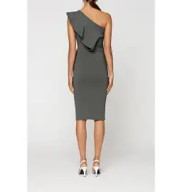 Scanlan Theodore Crepe Knit One Shoulder Ruffle Midi Dress Khaki Size XS / AU 6 for rent on The Volte - image 3