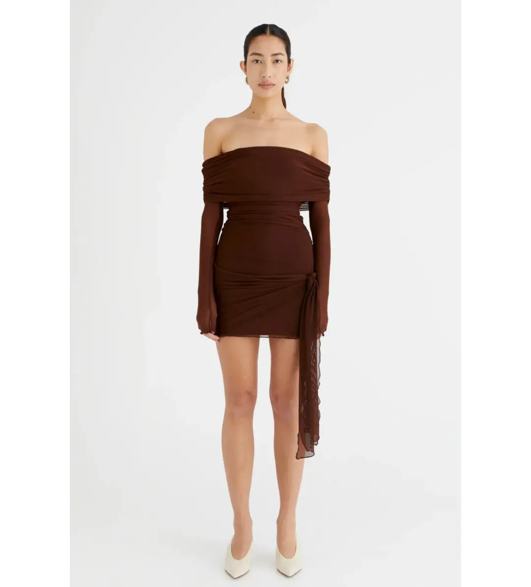 Benni Yasmin Off Shoulder Mini Dress in Cacao Size 8 for rent on The Volte - main image