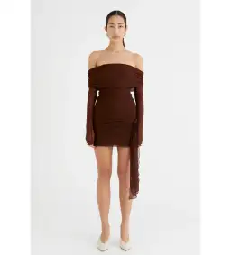 Benni Yasmin Off Shoulder Mini Dress in Cacao Size 8 for rent on The Volte - image 1