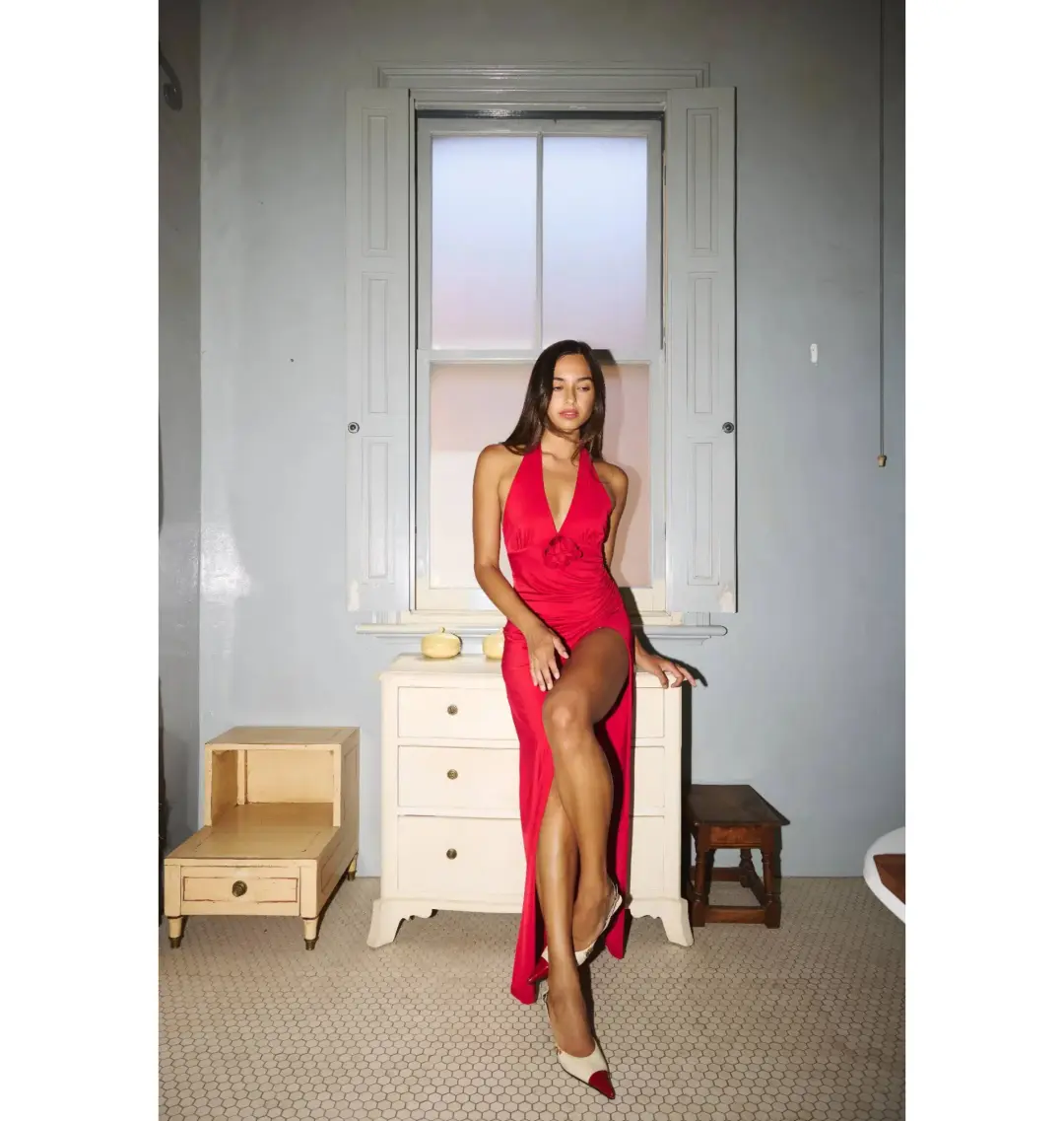 With Harper Lu Halter Maxi Dress Cherry Red Rose Size AU 8 for rent on The Volte - main image