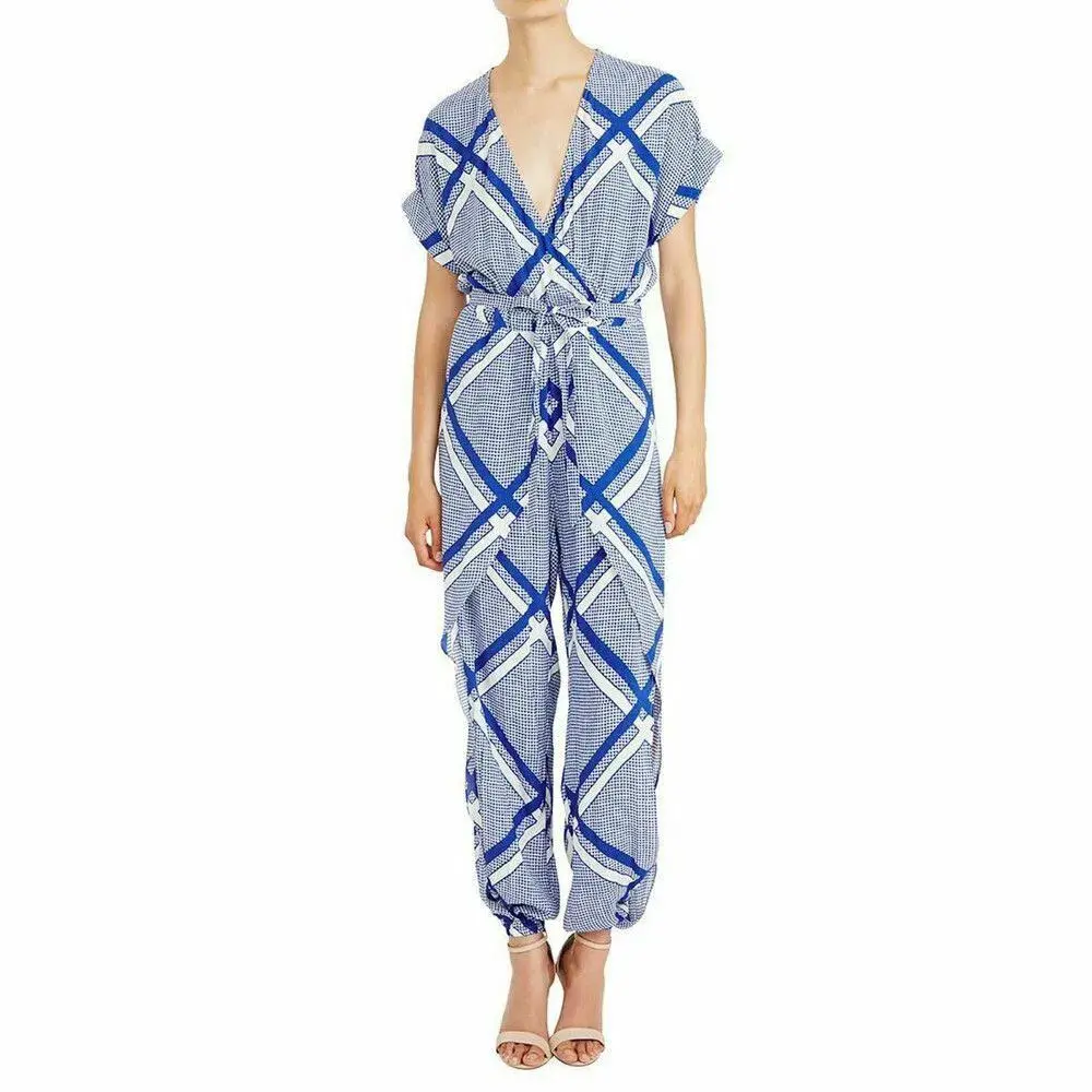 Sass & Bide The Flight Tigers & Lions Split Leg Jumpsuit Blue White Size 8 for rent on The Volte - main image