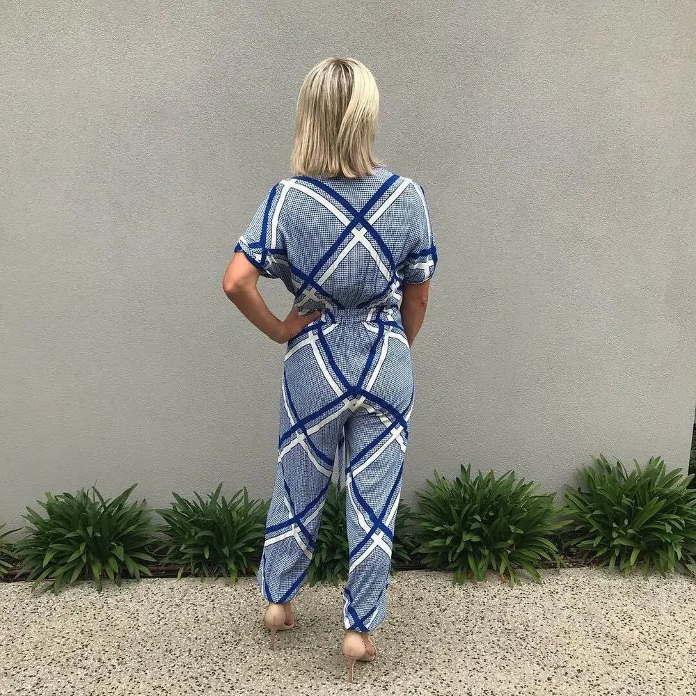 Sass & Bide The Flight Tigers & Lions Split Leg Jumpsuit Blue White Size 8 for rent on The Volte - main image
