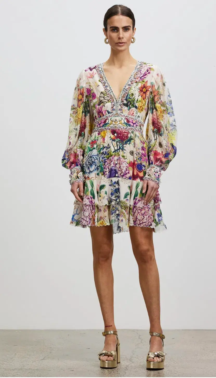 Camilla Button Front Frill Mini Dress in Queens Bee Hive Size XS / AU 8 for rent on The Volte - main image