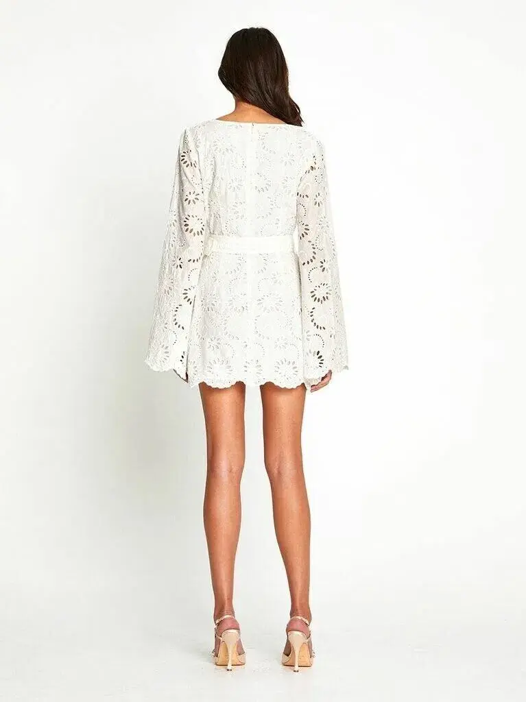 Alice McCall Obscurity Broderie Anglaise Bell Sleeve Belted Mini Dress White Size 8 for rent on The Volte - main image