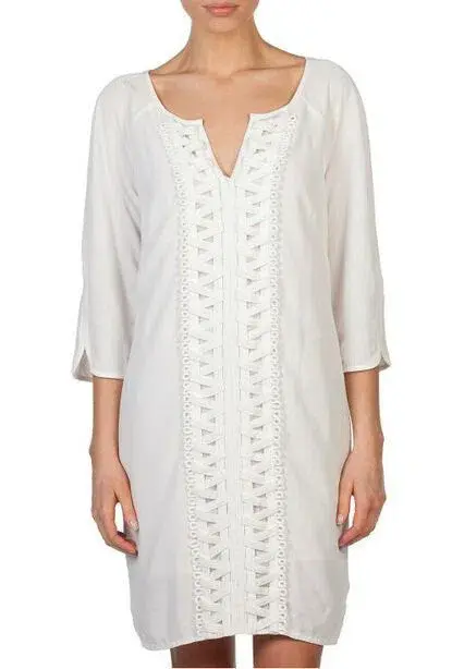 Country Road Lattice Trim 3/4 Sleeve Kaftan Shift Dress White Size 10 for rent on The Volte - main image