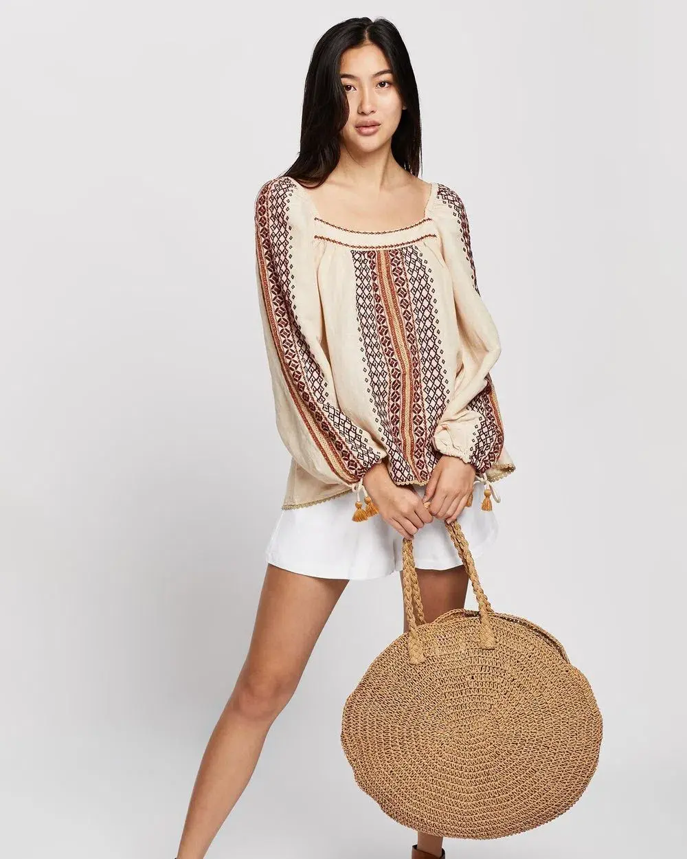 Tigerlily Dellah Embroidered Linen Long Sleeve Blouse Multi Size 12 for rent on The Volte - main image