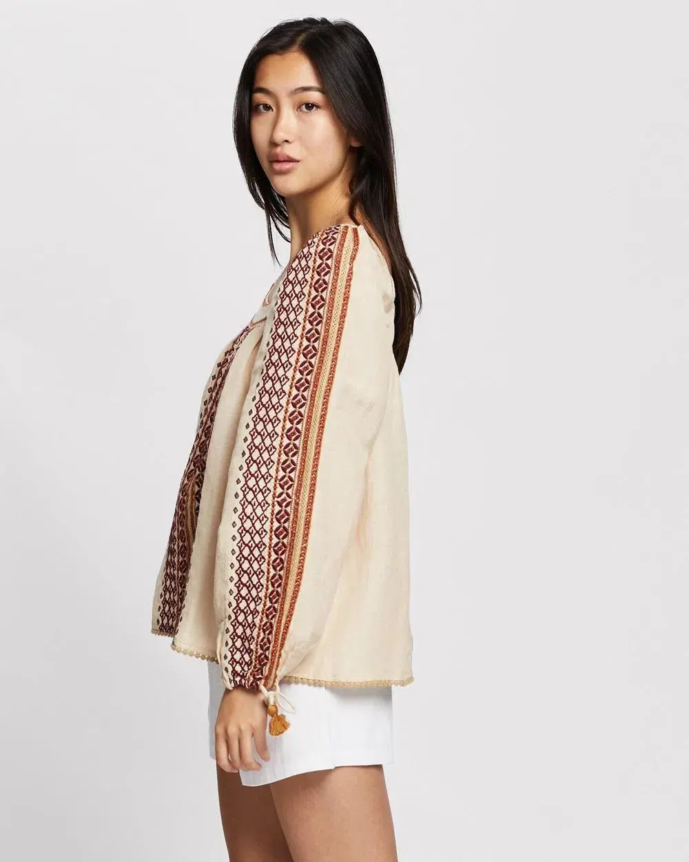 Tigerlily Dellah Embroidered Linen Long Sleeve Blouse Multi Size 12 for rent on The Volte - main image