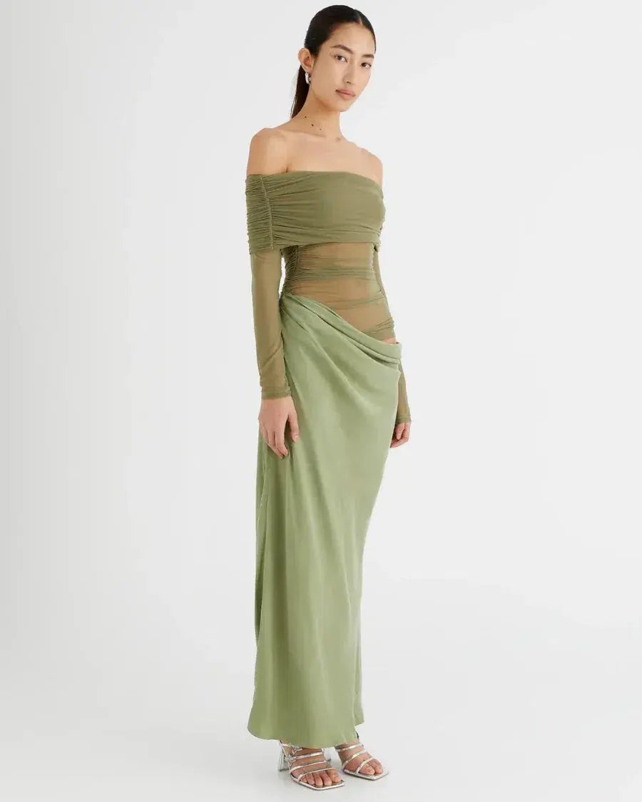 Benni Yasmin Off-Shoulder Maxi Dress Pistachio Size 8 - Image 3