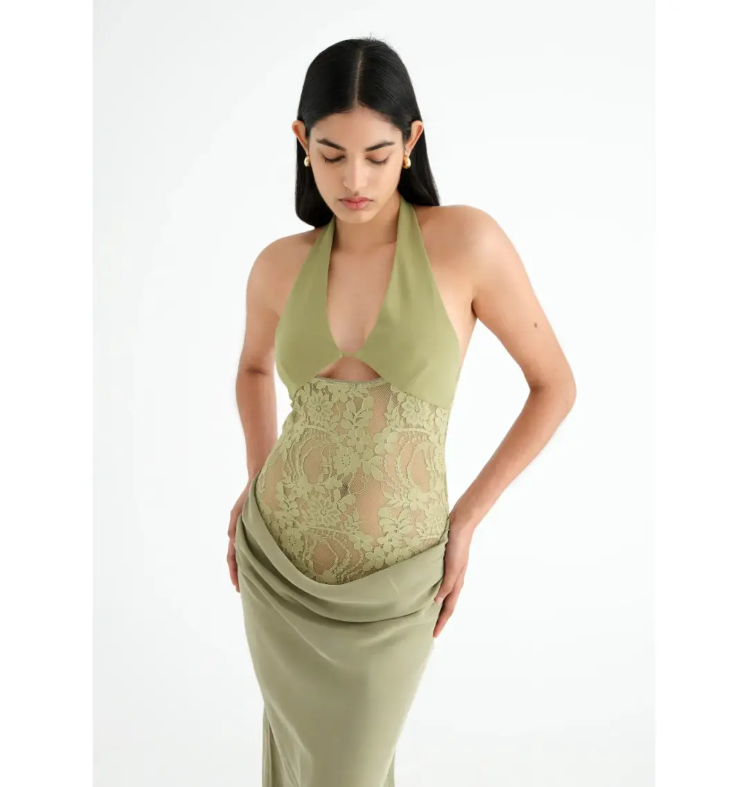 Benni Miko Lace Halter Midi Dress Pear Size AU 8 for rent on The Volte - main image