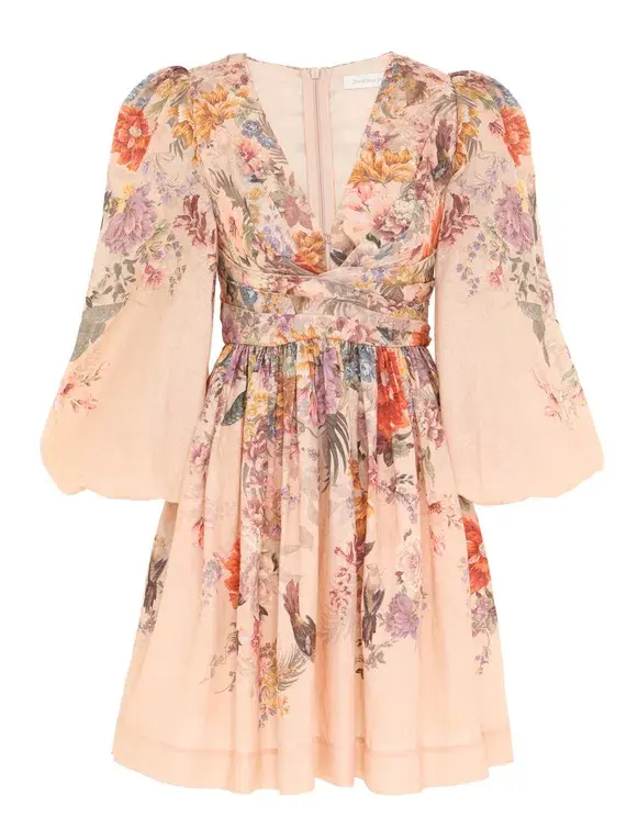 Zimmermann Pavilion Draped Mini Dress in Peach Multi Floral Size 3 / AU 14 for rent on The Volte - main image