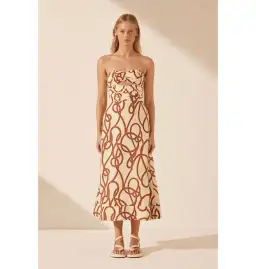 Shona Joy Mouillage Linen Strapless Cut Out A-Line Midi Dress Mouillage Print Size AU 12