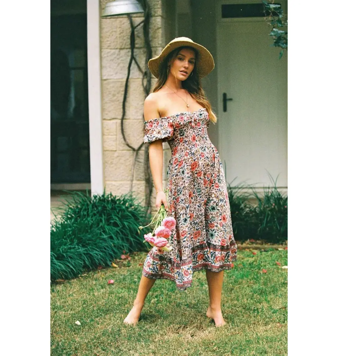 Arnhem Juliette Shirred Midi Dress in Ivory Rose Size AU 8 for rent on The Volte - main image