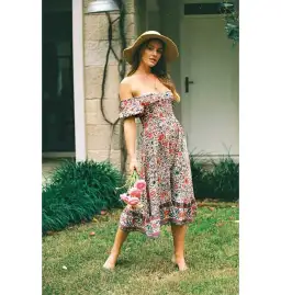 Arnhem Juliette Shirred Midi Dress in Ivory Rose Size AU 8 for rent on The Volte - image 8