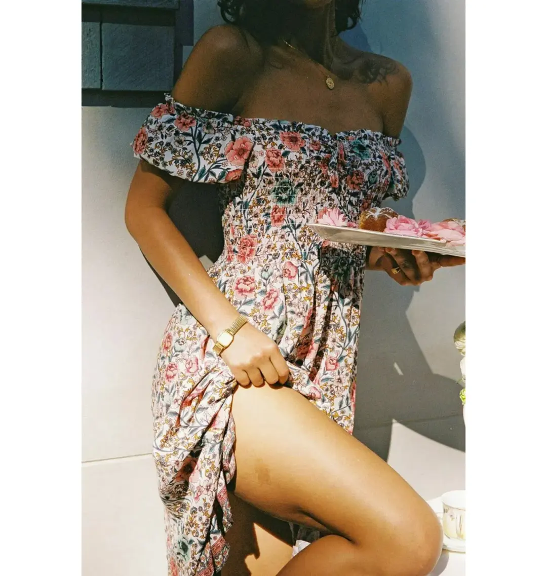 Arnhem Juliette Shirred Midi Dress in Ivory Rose Size AU 8 for rent on The Volte - main image