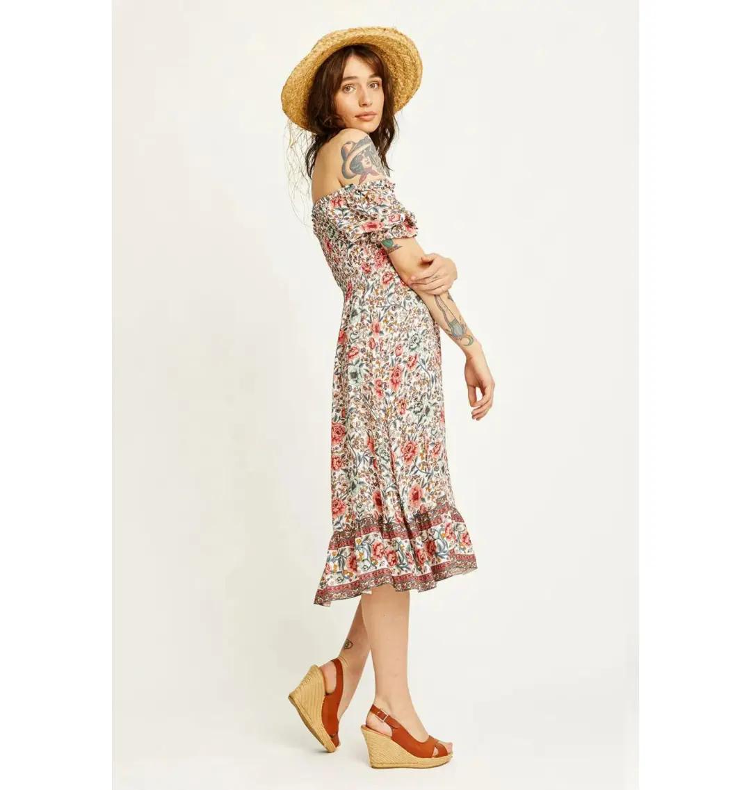 Arnhem Juliette Shirred Midi Dress in Ivory Rose Size AU 8 for rent on The Volte - main image
