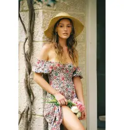 Arnhem Juliette Shirred Midi Dress in Ivory Rose Size AU 8 for rent on The Volte - image 5