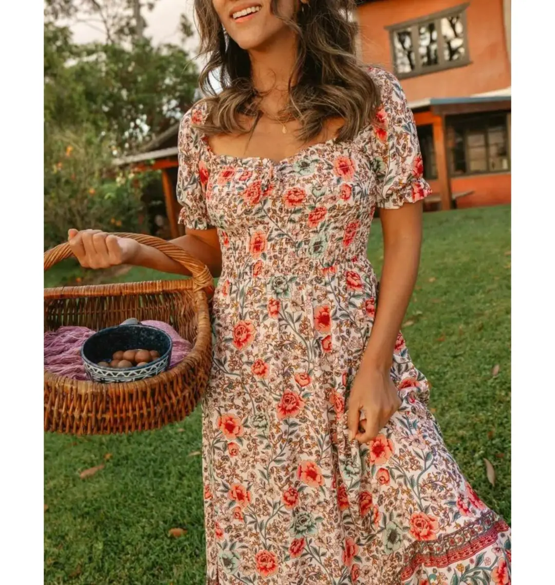 Arnhem Juliette Shirred Midi Dress in Ivory Rose Size AU 8 for rent on The Volte - main image