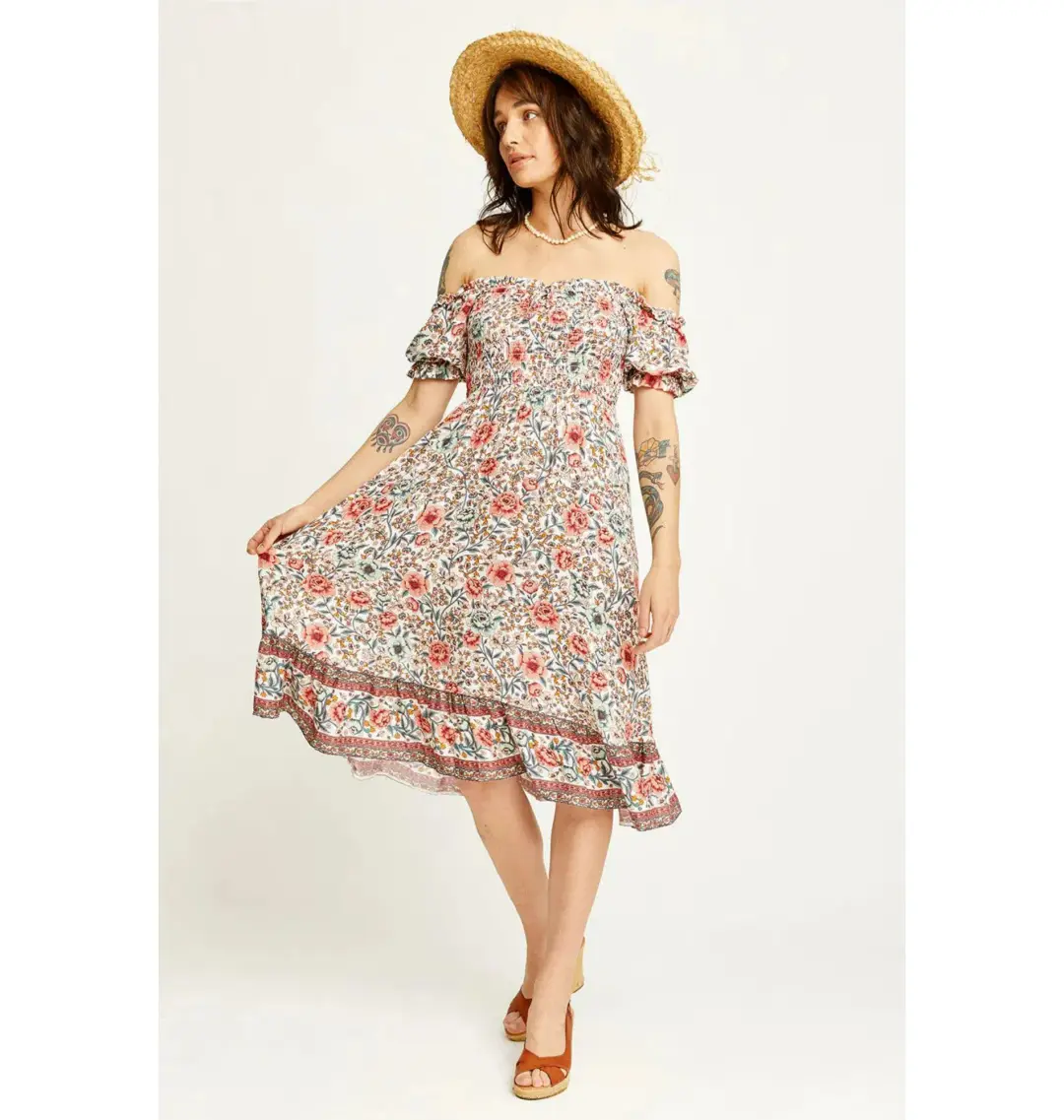 Arnhem Juliette Shirred Midi Dress in Ivory Rose Size AU 8 for rent on The Volte - main image