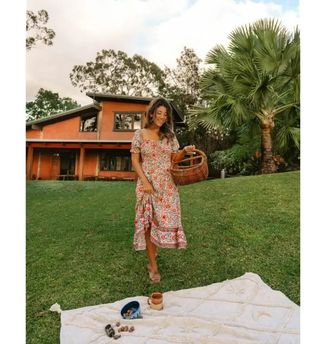 Arnhem Juliette Shirred Midi Dress in Ivory Rose Size AU 8 for rent on The Volte - main image