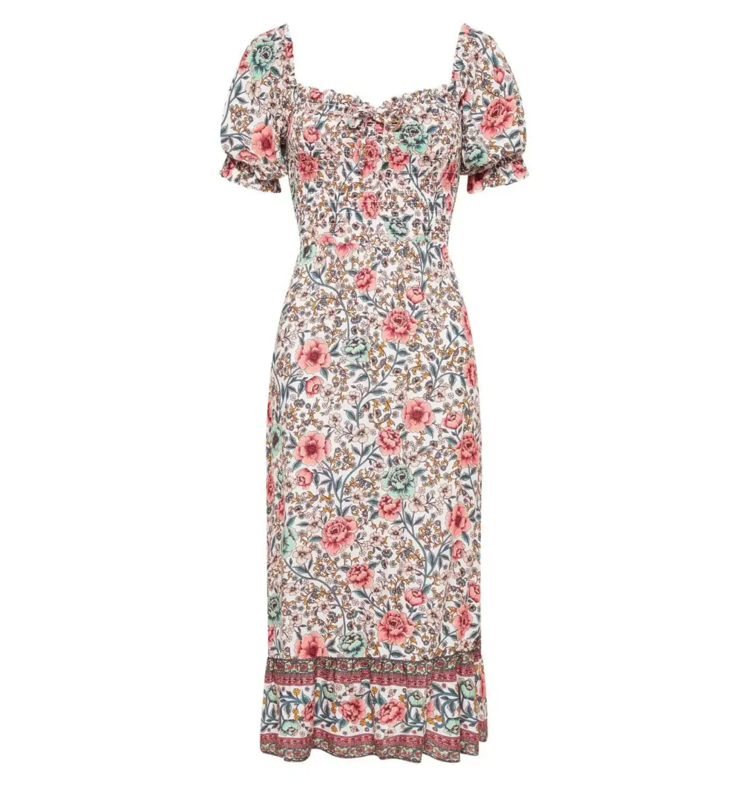 Arnhem Juliette Shirred Midi Dress in Ivory Rose Size AU 8 for rent on The Volte - main image