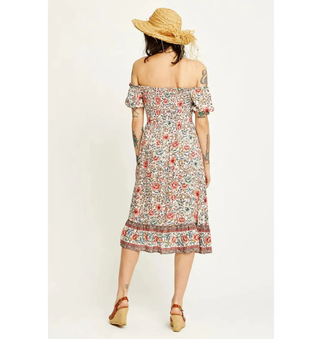 Arnhem Juliette Shirred Midi Dress in Ivory Rose Size AU 8 for rent on The Volte - main image