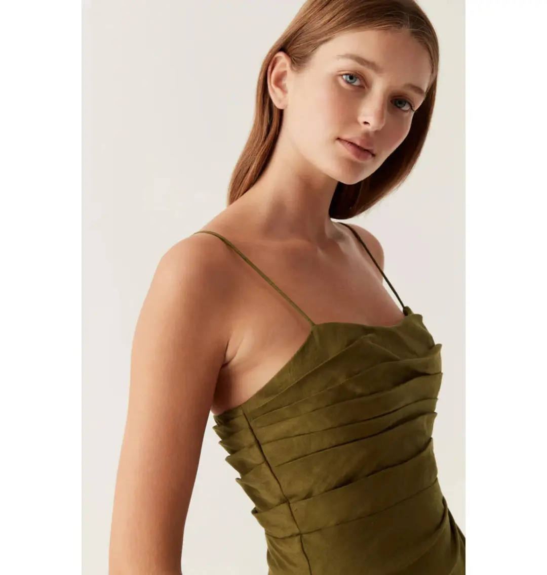 Aje Clarice Draped Maxi Dress Deep Olive Size AU 14 for rent on The Volte - main image