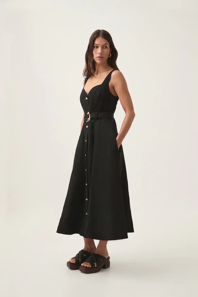 Aje Clay Belted Midi Dress Black Size 8 for rent on The Volte - main image