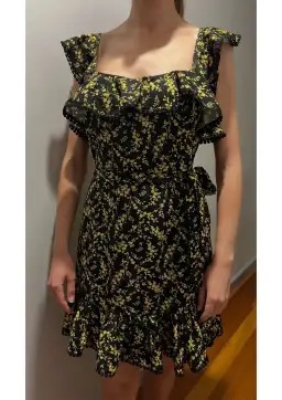 Pilgrim Daphne Knee Length Dress Black Yellow Floral Size 8