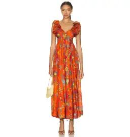 Zimmermann Ginger Frill Midi Dress in Orange Floral Size 3 / AU 14