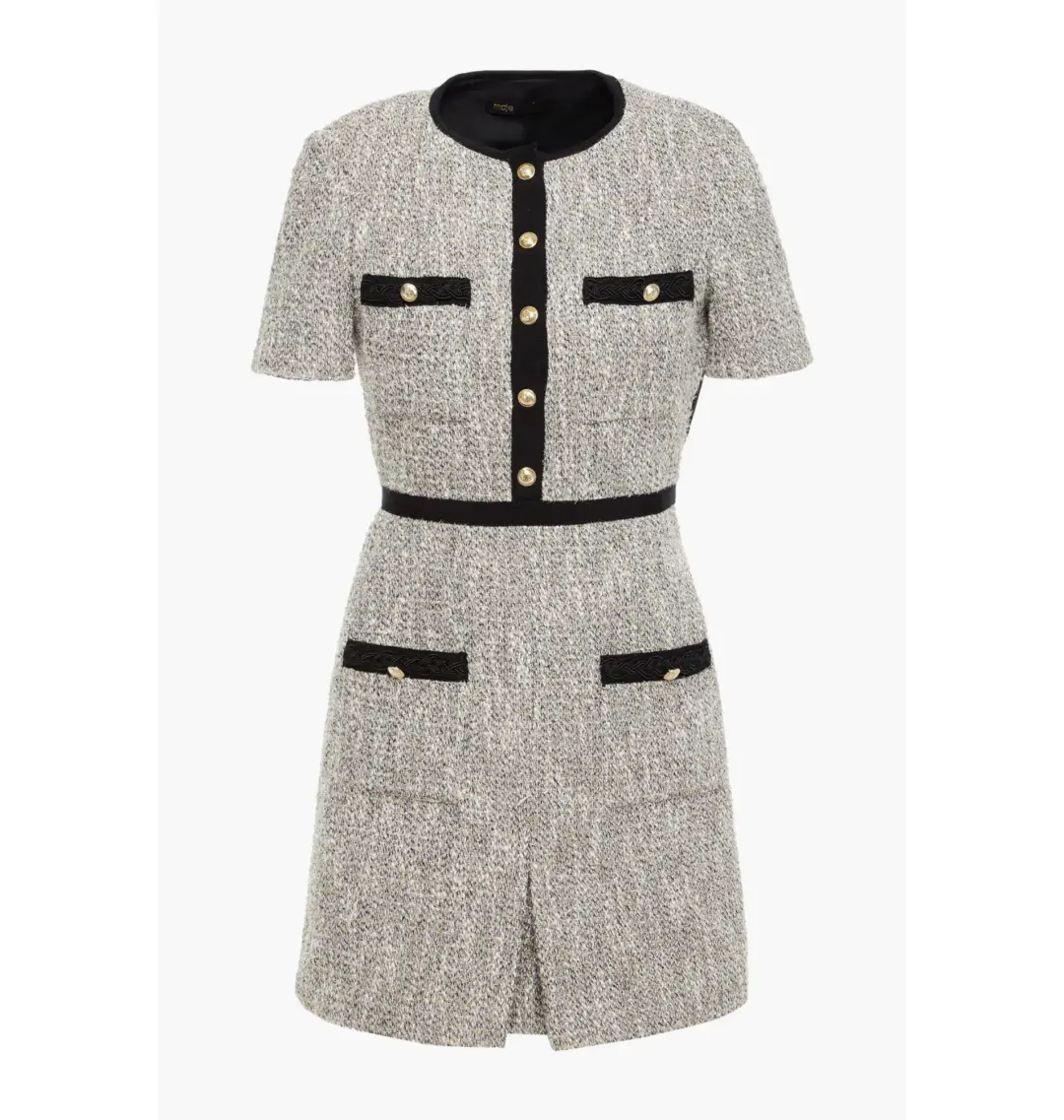 Maje Rinie Contrast Trimmed Tweed Mini Dress in Platinum Size AU 6 for rent on The Volte - main image