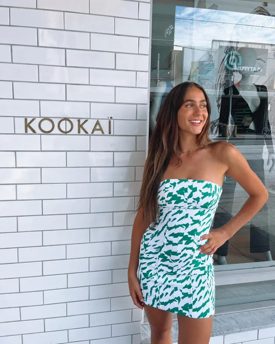 Kookai Jamila Green White Strapless Mini Dress Multi Size AU 10 for rent on The Volte - main image