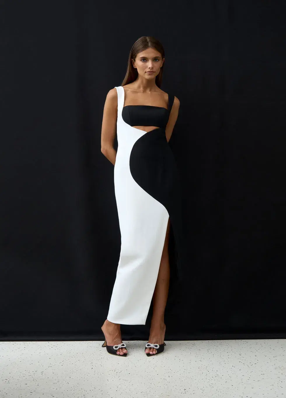 By Johnny Caterina Two Tone Curve Midi Dress Black/White Size AU 10 for rent on The Volte - main image