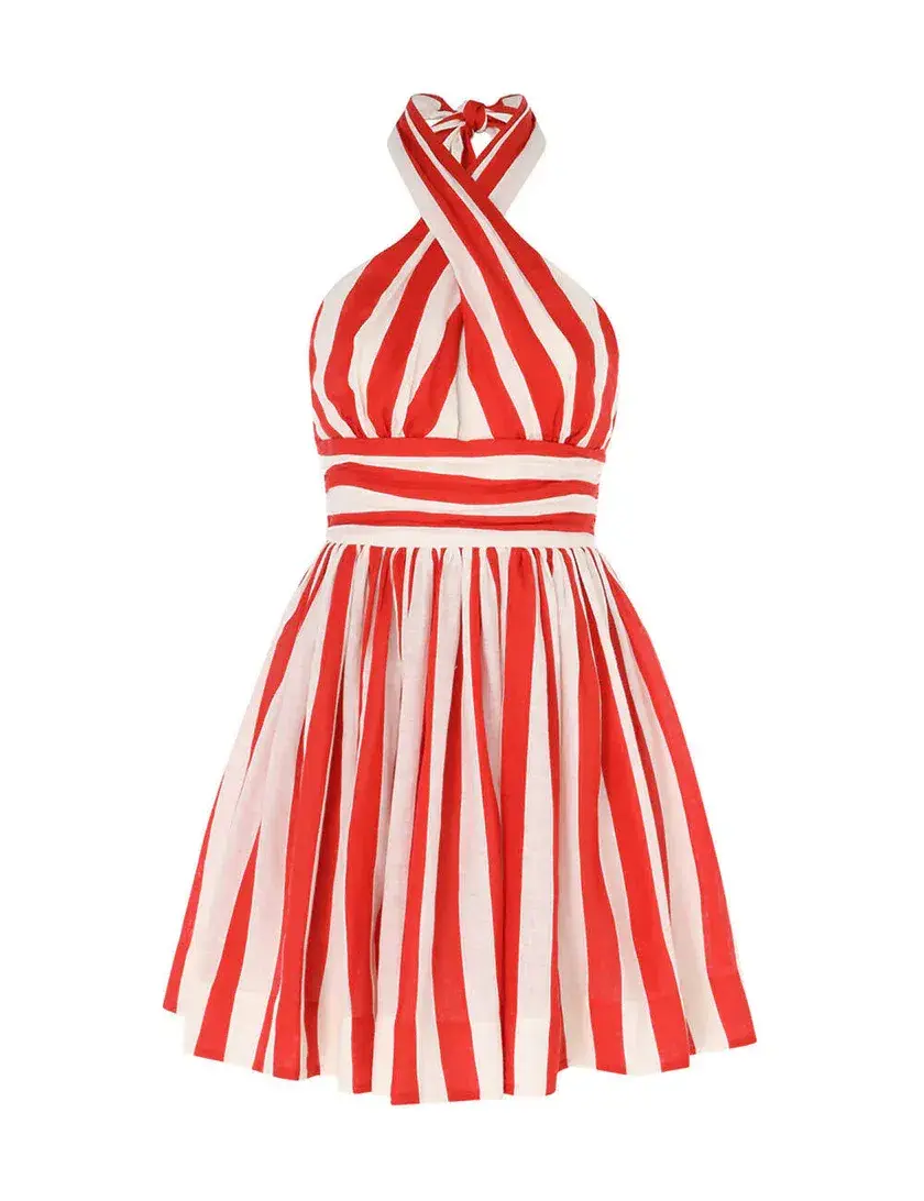 Zimmermann The Alight Halter Mini Dress in Red/Cream Stripe Size 0P / AU 6 for rent on The Volte - main image