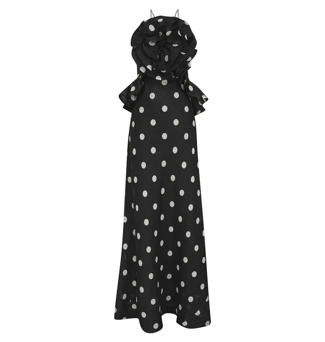 Zimmermann Crush Ruffle Halter Maxi Dress in Black/Cream Dot Size 0 / AU 8 for rent on The Volte - main image