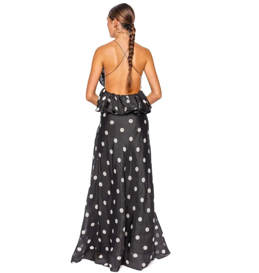Zimmermann Crush Ruffle Halter Maxi Dress in Black/Cream Dot Size 0 / AU 8 for rent on The Volte - main image