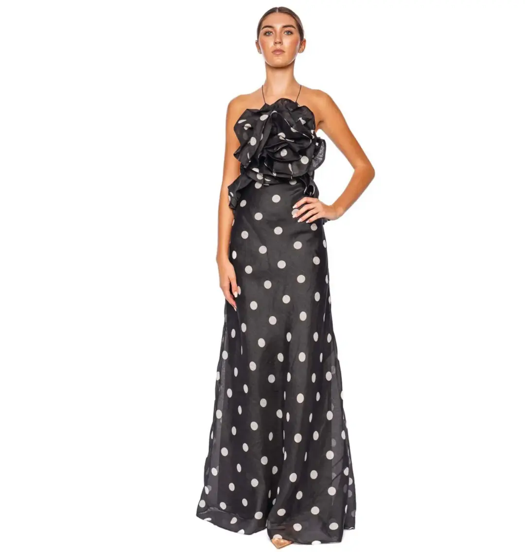Zimmermann Crush Ruffle Halter Maxi Dress in Black/Cream Dot Size 0 / AU 8 for rent on The Volte - main image