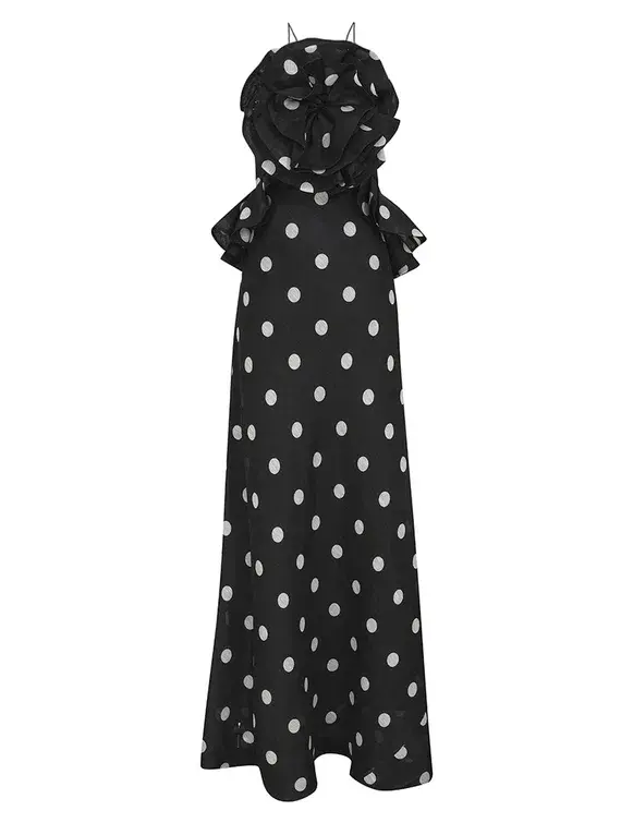 Zimmermann The Crush Ruffle Halter Maxi Dress in Black/Cream Dot Size 0 / AU 8 for rent on The Volte - main image