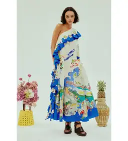 Alemais Nadia One Shoulder Ruffle Dress Print Size AU 6