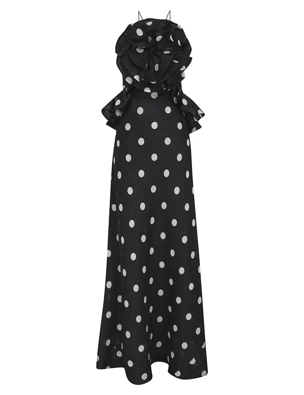 Zimmermann Crush Ruffle Halter Maxi Dress in Black/Cream Dot Size 2 / AU 12 for rent on The Volte - main image