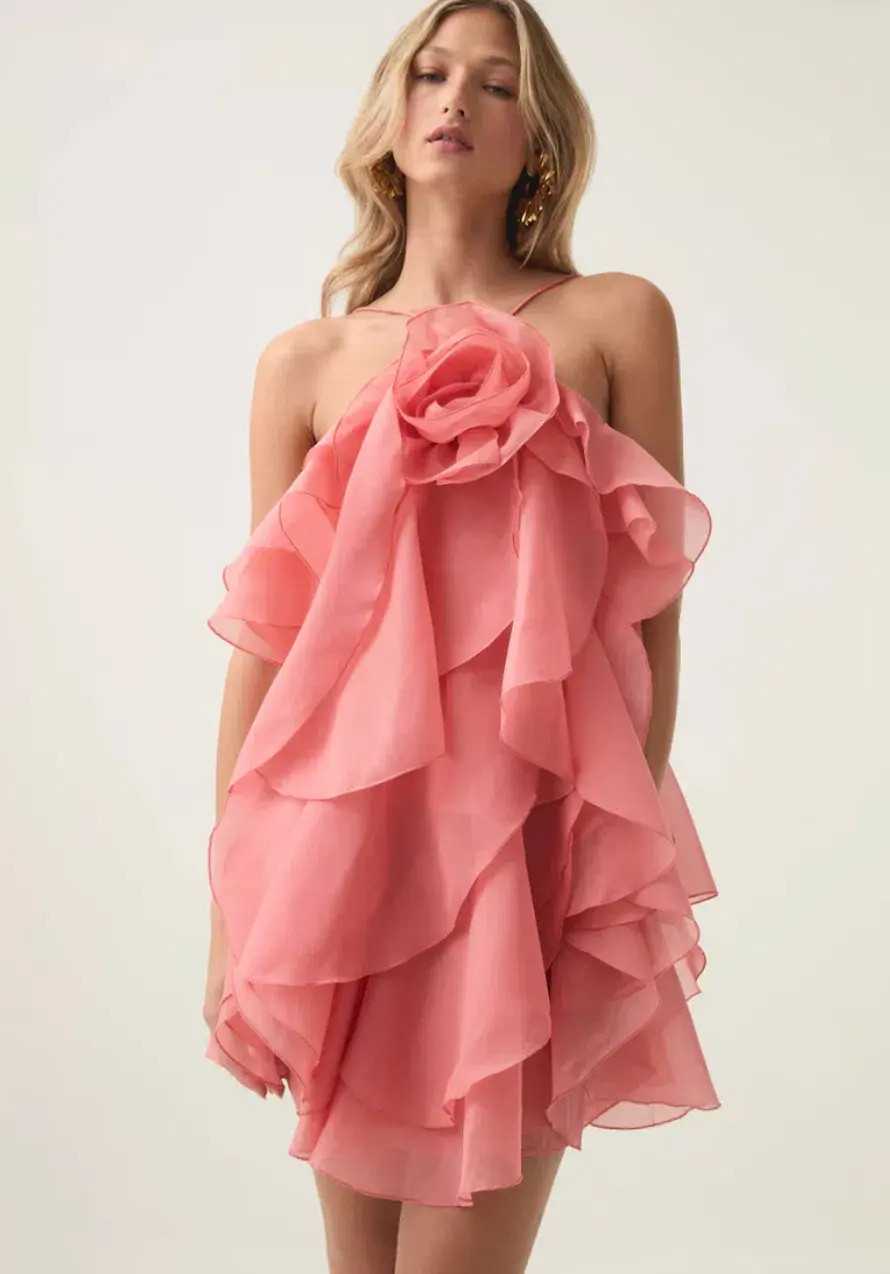 Aje Pandorea Layered Mini Dress Washed Coral Size 6 for rent on The Volte - main image