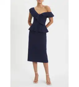 Rebecca Vallance Grace Frill Midi Dress Navy Size AU 10
