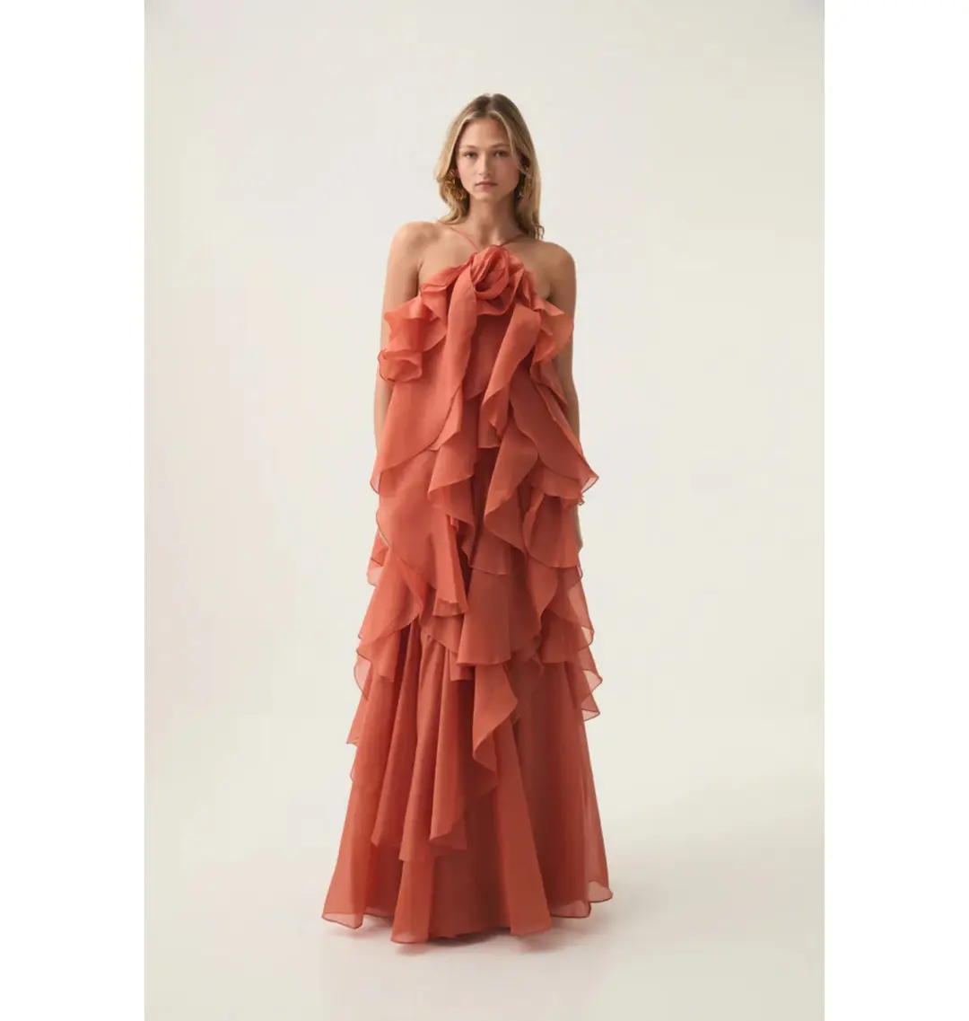 Aje Pandorea Layered Maxi Dress Coral Clay Size AU 12 for rent on The Volte - main image