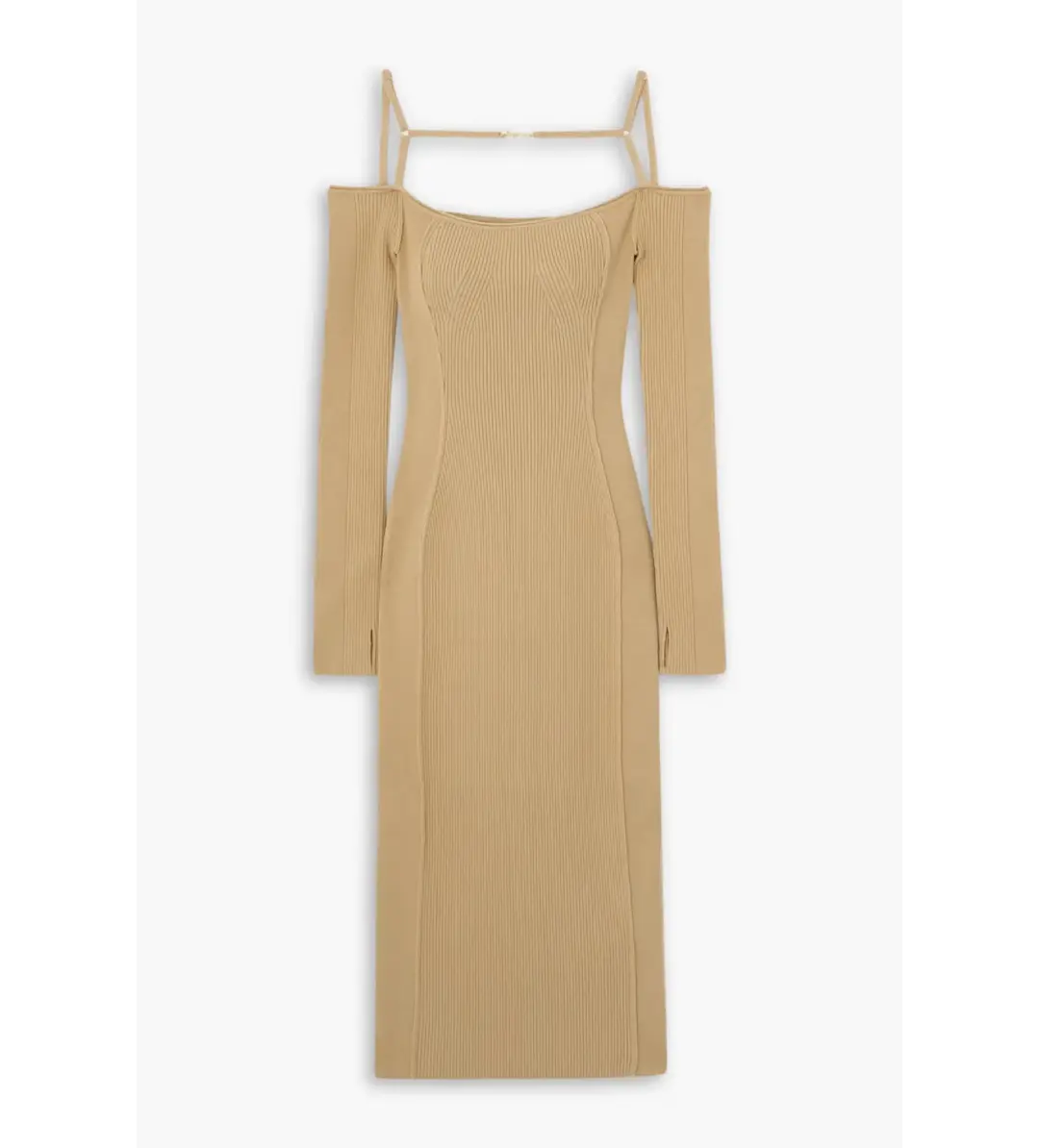 Jacquemus Sierra Embellished Ribbed Knit Midi Dress Sand Size 40 / AU 12 for rent on The Volte - main image