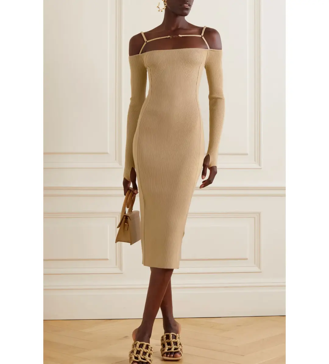 Jacquemus Sierra Embellished Ribbed Knit Midi Dress Sand Size 40 / AU 12 for rent on The Volte - main image