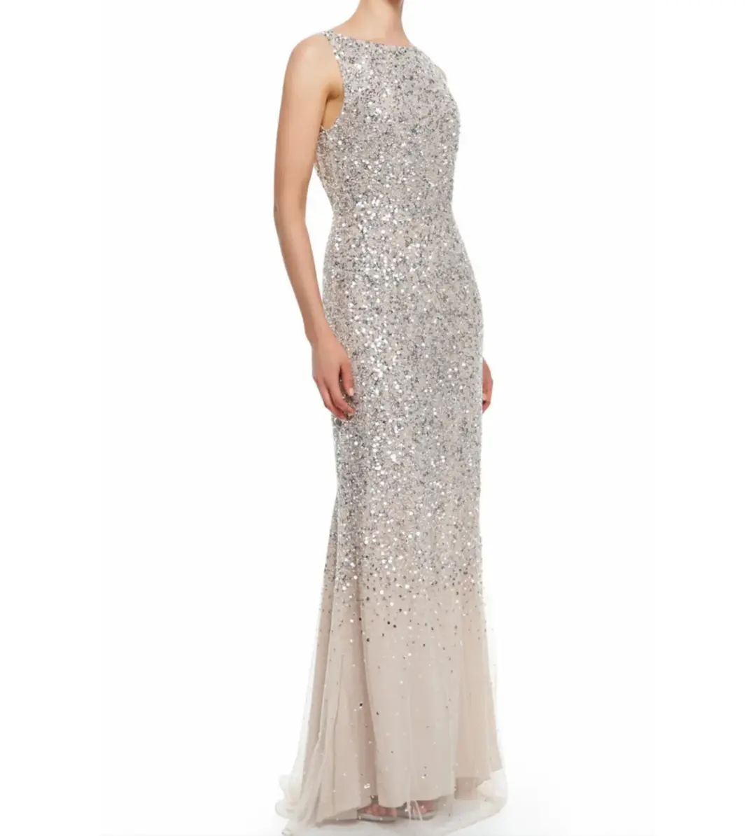 Alice + Olivia Saba Sleeveless Beaded Mesh Gown Silver Sequins on Nude Lining Size AU 4 for rent on The Volte - main image