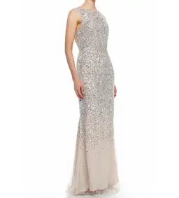 Alice + Olivia Saba Sleeveless Beaded Mesh Gown Silver Sequins on Nude Lining Size AU 4 for rent on The Volte - image 1