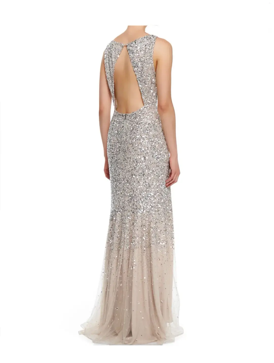 Alice + Olivia Saba Sleeveless Beaded Mesh Gown Silver Sequins on Nude Lining Size AU 4 for rent on The Volte - main image
